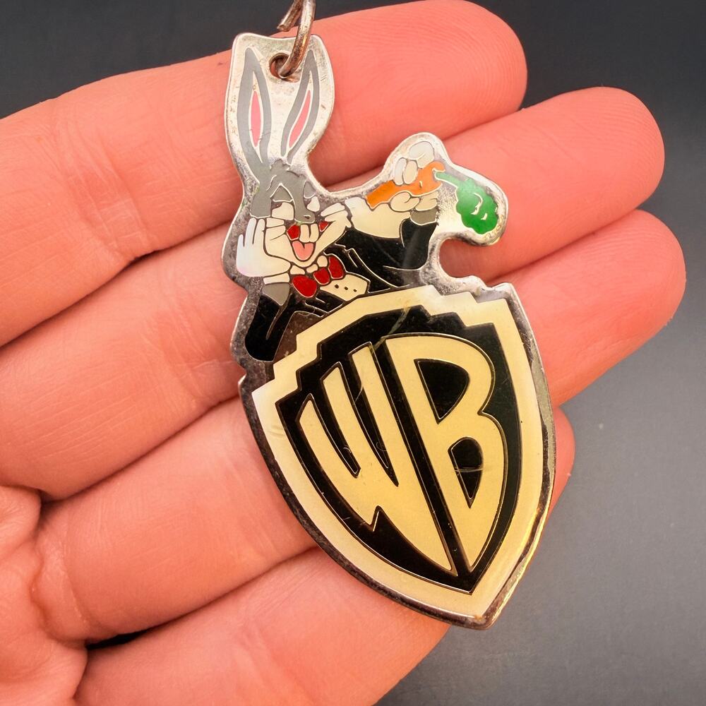 Vintage 1993 Warner Bros Bugs Bunny WB Shield Enamel Keychain Pendant Charm